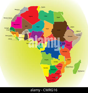 Détail Carte des couleurs de continent africain avec des bordures. Chaque état est en couleur pour les différentes couleurs et a écrit le nom. Banque D'Images