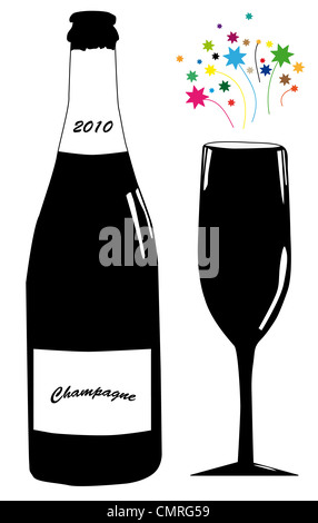 Vector illustration de bouteille de champagne et le verre au jour de l'an. Banque D'Images