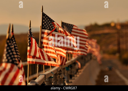 Drapeaux américain attaché à un pont au-dessus de la rivière de Santa Cruz dans le vent souffler à Green Valley, Arizona, USA. Banque D'Images