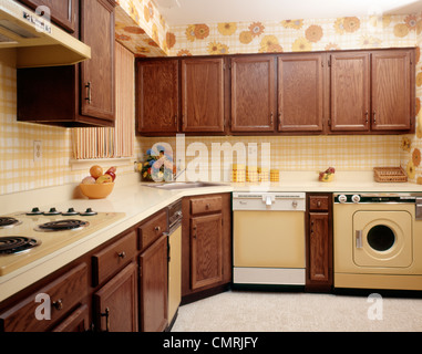 1970 CUISINE INTÉRIEUR AVEC DES APPAREILS ET DES ARMOIRES EN BOIS JAUNE À FLEURS DE TOURNESOL WALLPAPER Banque D'Images