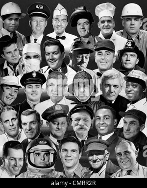 1970 MONTAGE DES CHEFS DE 25 HOMMES DE DIFFÉRENTS TYPES DE PROFESSIONS TOUTES SMILING Banque D'Images