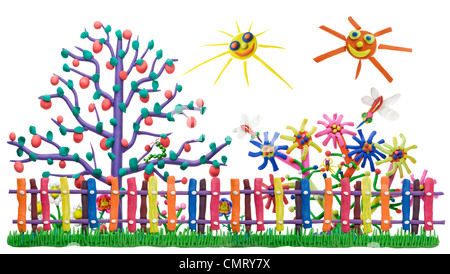 Le jardin d'argile fantastique isolés à partir de collage clôture village Banque D'Images