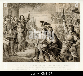 La scène d'ouverture de la Grande Guerre Civile, Charles I d'ériger sa norme à Nottingham le 22 août 1642 Banque D'Images