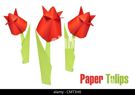 Origami trois tulipes rouges sur fond blanc