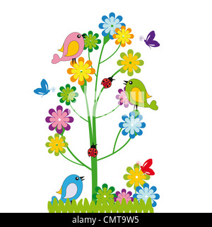 Cute kids cartoon avec fleurs et oiseaux Banque D'Images