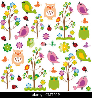 Cute kids cartoon avec fleurs et oiseaux Banque D'Images