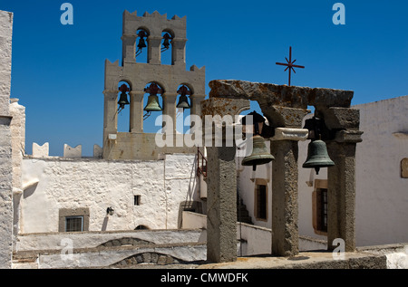 Monastère de Aghios Ioannis Theologos. Chora, Île de Patmos, Dodécanèse, Grèce Banque D'Images