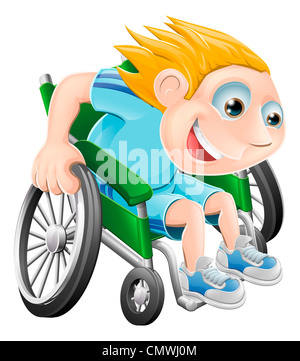 Cartoon illustration d'un garçon heureux dans son fauteuil roulant de course Banque D'Images