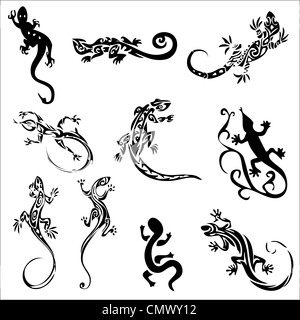 Les tatouages des lézards (collection) dix silhouettes Banque D'Images