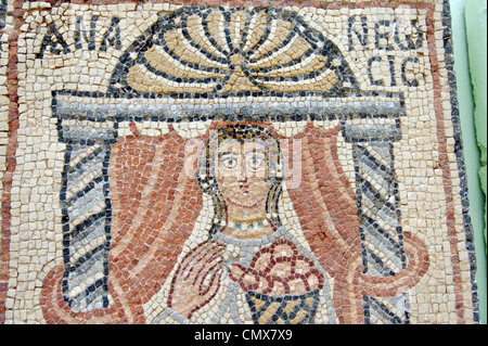 Vue rapprochée à l'intérieur du musée du détail complexe sur l'un de l'extraordinaire collection de cinquante mosaïques qui ont été trouvés. Banque D'Images