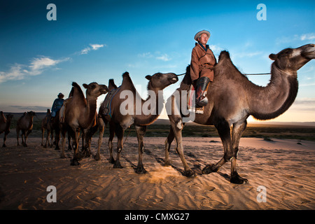 Camel et le cavalier à pied sur désert de Gobi en Mongolie, des dunes de sable Khongor Banque D'Images