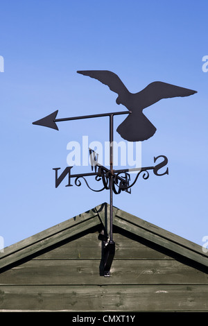 Pèlerin de la girouette sur un abri de jardin contre un ciel bleu. Banque D'Images