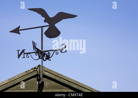 Pèlerin de la girouette sur un abri de jardin contre un ciel bleu. Banque D'Images