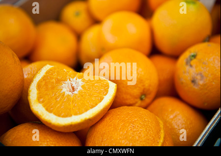 L'un, la moitié d'orange en tranches sur le dessus de l'ensemble des oranges. Banque D'Images