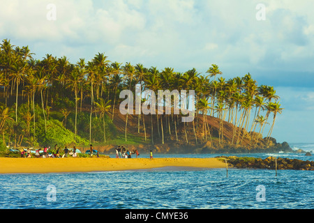 La population locale et des palmiers à l'extrémité orientale de la côte sud de la plage de surf à Mirissa, près de Matara, Province du Sud, Sri Lanka Banque D'Images