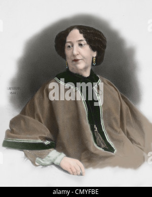 George Sand (1804-1876). L'écrivain français. Gravure de Lafosse, 1866. De couleur. Banque D'Images