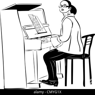 Croquis d'une femme pianiste dans les verres Banque D'Images