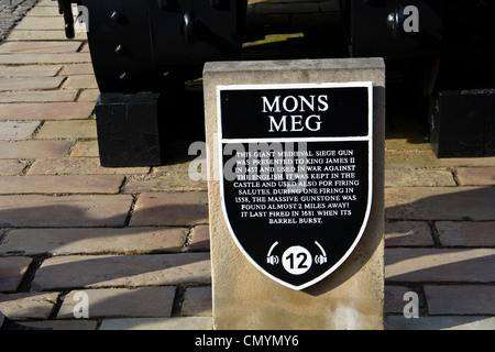 Le Château d'Édimbourg à Mons Meg et son signe, une grande pièce d'artillerie et ses munitions qui a été construit à l'époque médiévale Banque D'Images