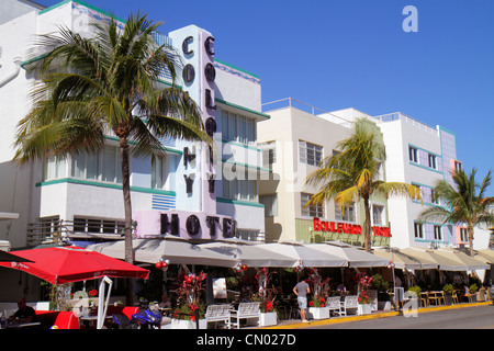 Miami Beach Florida, Ocean Drive, quartier historique art déco, Colony, Boulevard, hôtel, parapluies, terrasse extérieure, tables, restaurants, restau Banque D'Images