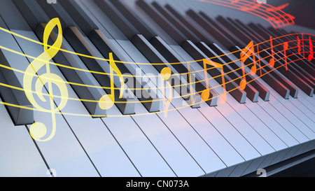 Notation musicale rougeoyant sur clavier de piano Banque D'Images