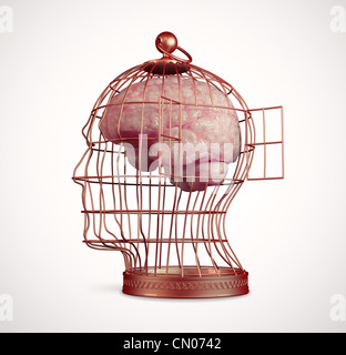 Cerveau à l'intérieur d'une cage à oiseaux en forme de tête Banque D'Images