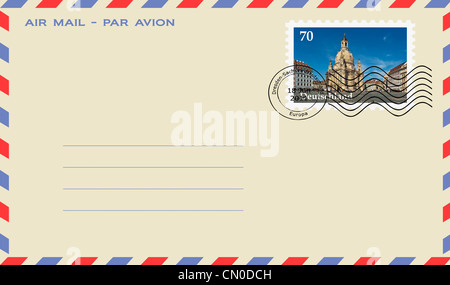 Air mail enveloppe avec un timbre : église Notre Dame, vu de la place Neumarkt, Dresde, Saxe, Allemagne, Europe Banque D'Images