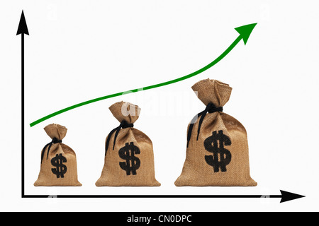 Un graphique avec une courbe croissante, trois gros sacs d'argent avec la devise Dollar américain signe à côté de l'autre Banque D'Images