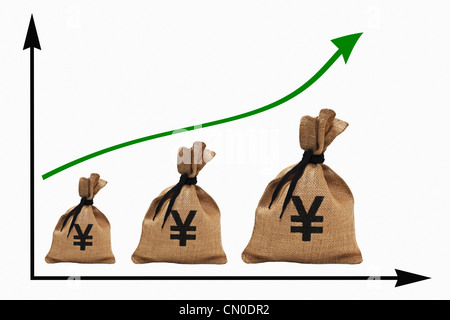 Un graphique avec une courbe croissante, trois gros sacs d'argent avec la devise Yen japonais en regard de l'autre Banque D'Images