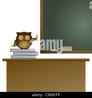 Owl dans la classe assis sur les livres et en pointant sur le tableau noir, illustration Banque D'Images