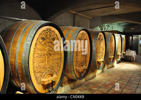 Des tonneaux de vin dans la cave de dégustation à Denbies Wine Estate, Dorking, Surrey, Royaume-Uni Banque D'Images