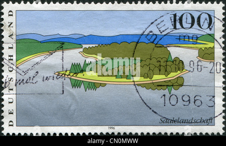 Allemagne - circa 1996 : timbre imprimé en Allemagne, montre un paysage Saale en Thuringe, vers 1996 Banque D'Images