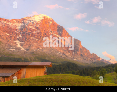 Alpenglow sur refuge de montagne près de Grindelwald dans valley au coucher du soleil en face de montagnes Eiger north face, Suisse Banque D'Images