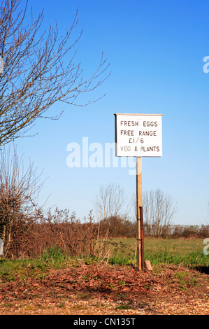 Un signe de la route publicité oeufs frais fermiers, légumes et plantes. Banque D'Images