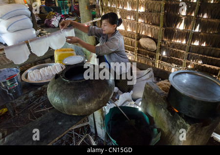 Jeune femme peparing les nouilles de riz à la maison. Yae Saing kone village. Delta de l'Irrawaddy. Le Myanmar. Banque D'Images