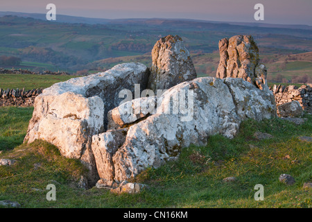 Cinq puits recloisonnées tombe (cairn), Taddington Moor, Derbyshire, Peak District, England, UK Banque D'Images