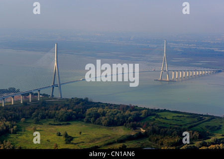 La France, entre le Calvados et la Seine Maritime, le Pont de Normandie (Pont de Normandie) enjambe la Seine pour relier les villes de Banque D'Images