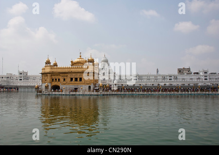 Causeway et Darbar Sahib dans Golden Temple. Le Darbar Sahib est entouré d'un réservoir d'eau et reliés par une chaussée Banque D'Images