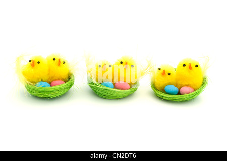 Trois poussins de Pâques dans un nid vert Banque D'Images