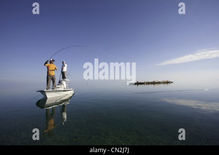 Deux hommes La pêche de mouche en bateau près de Shipwreck, Florida Keys, USA Banque D'Images