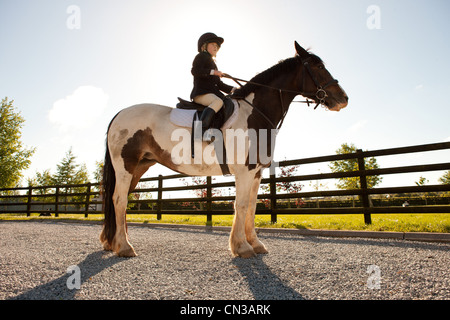 Garçon l'équitation dans la lumière du soleil Banque D'Images