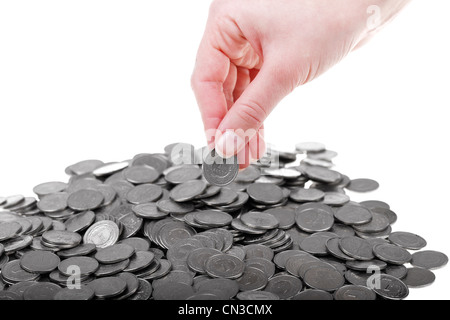 L'un polish zloty pièces dans la main de l'homme. Concept d'entreprise et épargne isolé sur fond blanc. Banque D'Images
