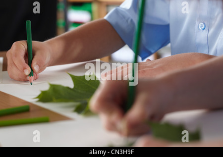 Les enfants de l'école des feuilles de dessin dans une salle de classe Banque D'Images