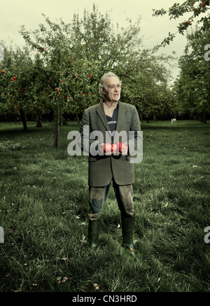 Senior man holding apples in orchard Banque D'Images