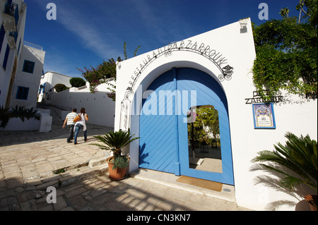 La Tunisie, Sidi Bou Saïd, Dar Saïd hôtel, résidence de charme, Dar Zarrouk entrée du restaurant Banque D'Images