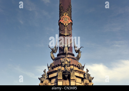 Fragment du célèbre monument de Christophe Colomb à l'extrémité inférieure de La Rambla, Barcelone, Espagne Banque D'Images