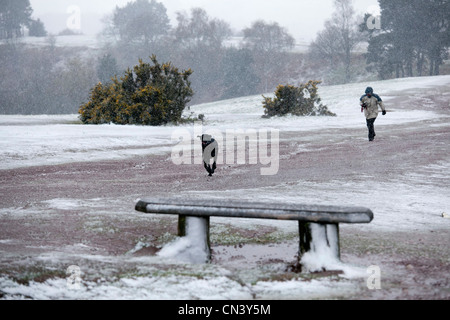 La neige couvrant le Worcestershire, Clent Hills en avril. En photo une femme marchant avec son chien vers le sommet. Banque D'Images