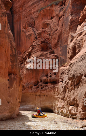 Kayakiste gonflable sur la rivière Paria de l'Utah. Banque D'Images