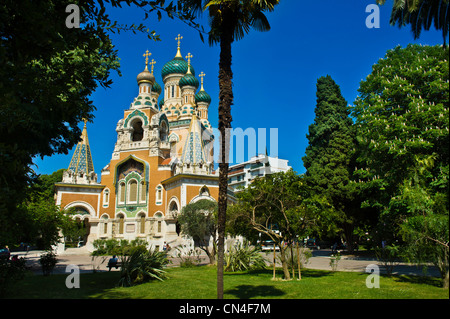 France, Alpes Maritimes, Nice, Cathédrale Orthodoxe Russe de St Nicolas et Alexandra St construite en 1859 sur le Boulevard Tzarevitch Banque D'Images