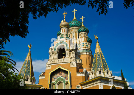 France, Alpes Maritimes, Nice, Cathédrale Orthodoxe Russe de St Nicolas et Alexandra St construite en 1859 sur le Boulevard Tzarevitch Banque D'Images