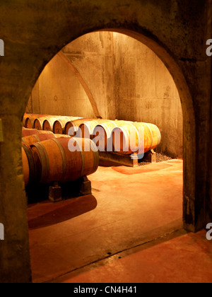 France, caractéristique : le vin, feux Margeon barils dans une cave Banque D'Images